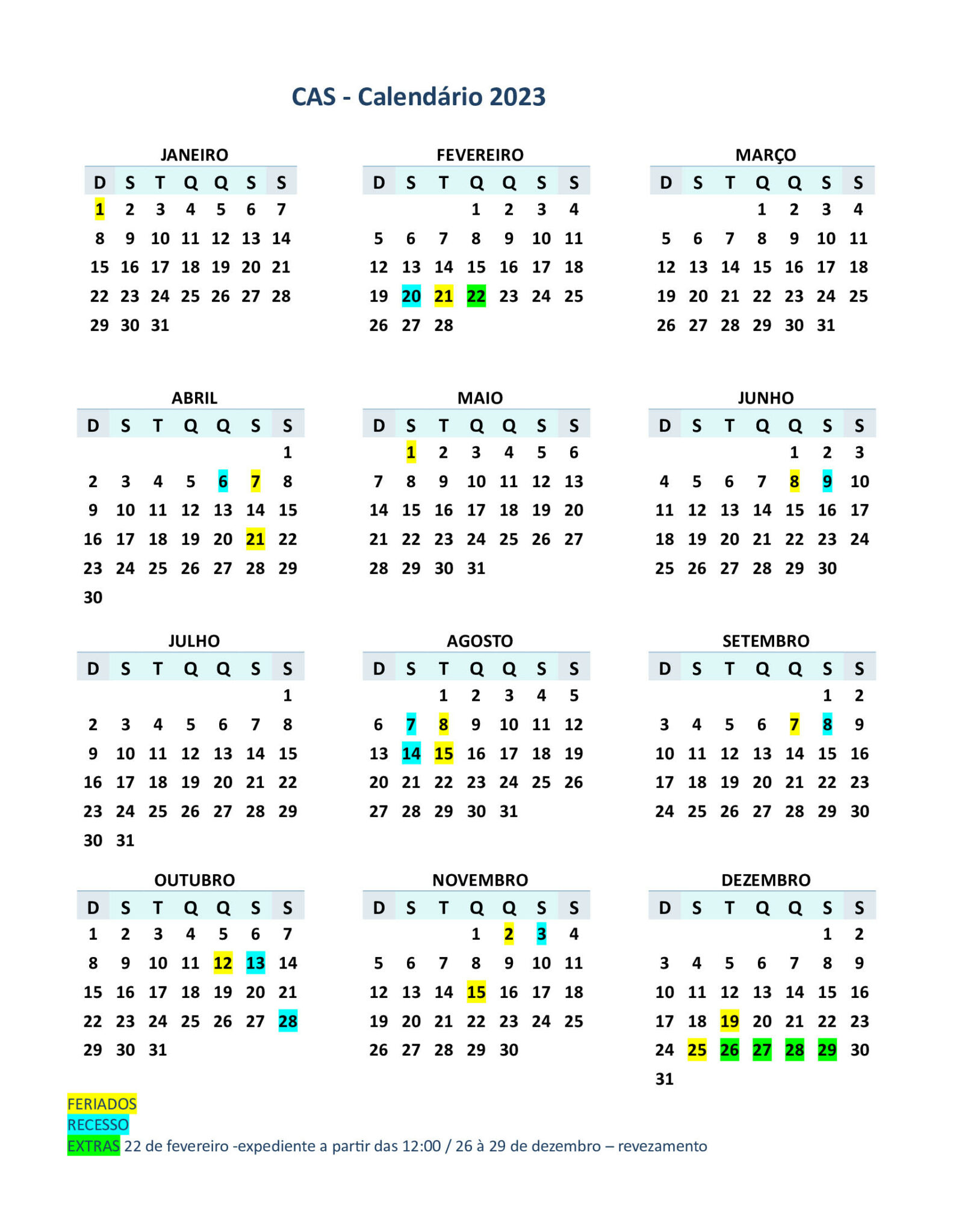 CAS institui portaria para definir calendário de funcionamento em 2023
