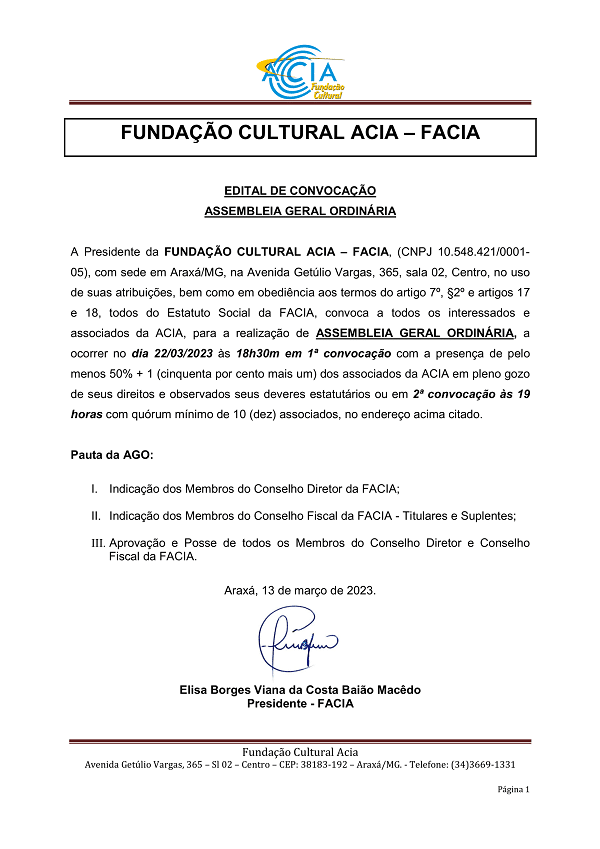 Edital de Convocação Fundação Cultural Acia