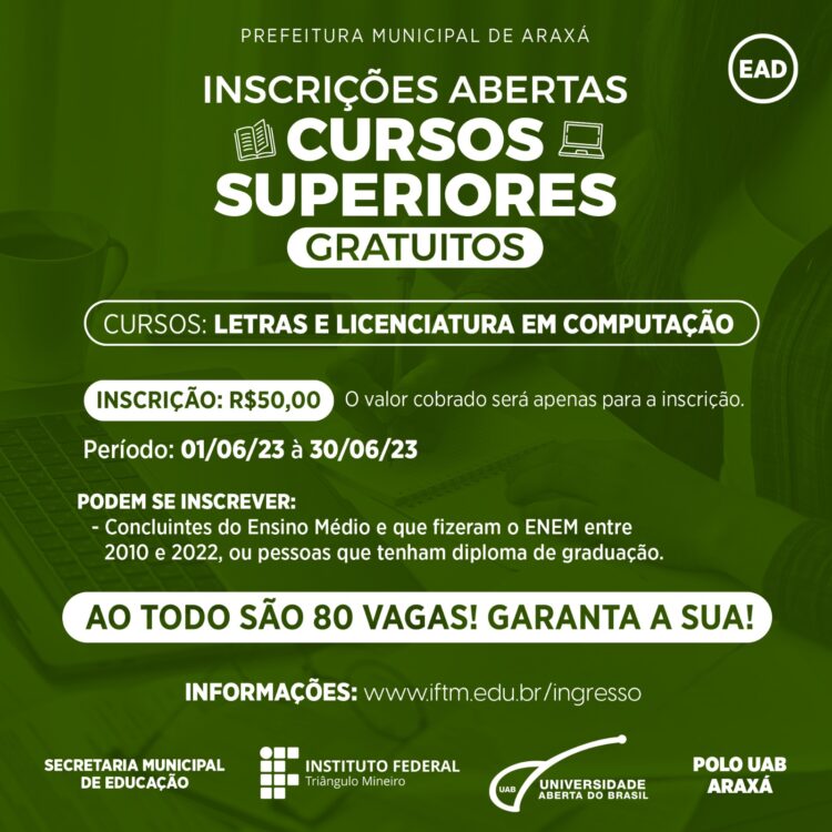 Polo UAB Araxá oferta vagas para cursos superiores de Letras – Português e Licenciatura em Computação