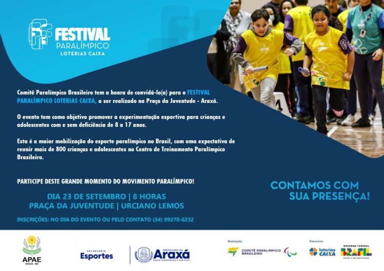 Secretaria de Esportes está com inscrições abertas para a 2ª etapa do Festival Paralímpico Brasileiro; evento acontece no sábado (23)