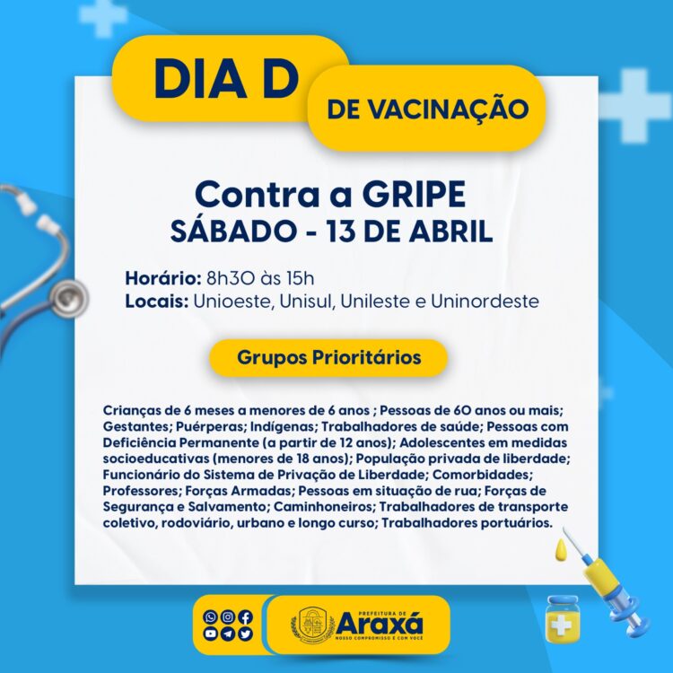 Araxá realiza Dia D da Vacina contra Gripe e Covid-19 no próximo sábado