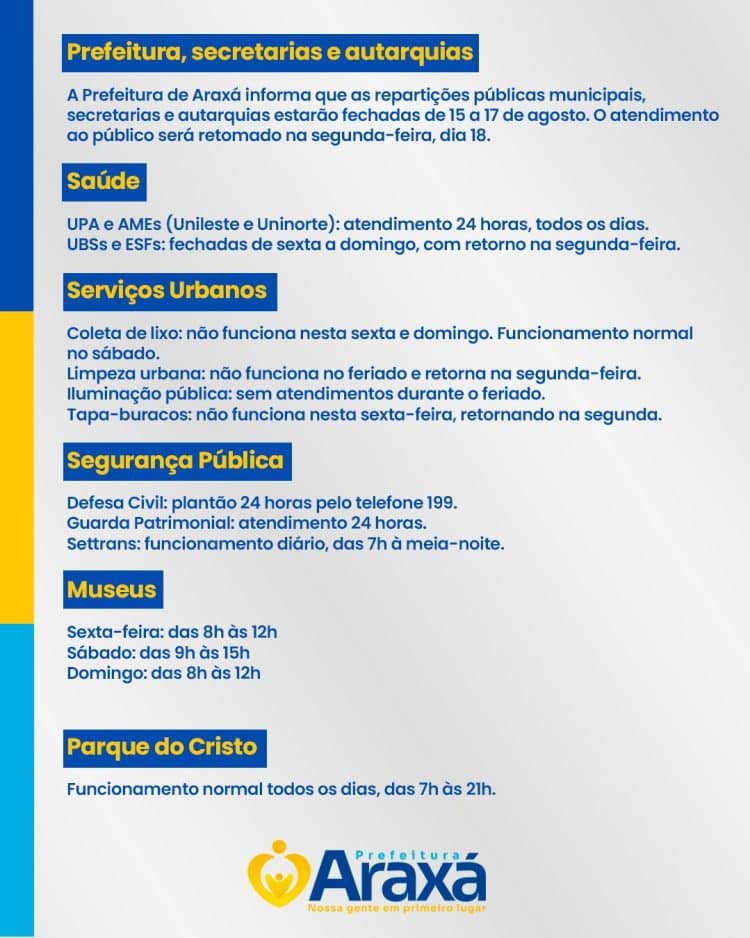Abre e fecha: confira os serviços da Prefeitura de Araxá durante o feriado de Nossa Senhora da Abadia