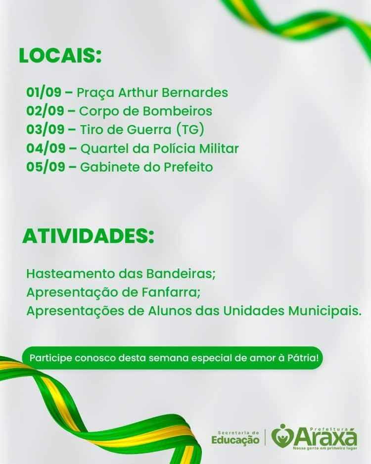 Prefeitura de Araxá promove Semana da Pátria de 1º a 5 de setembro