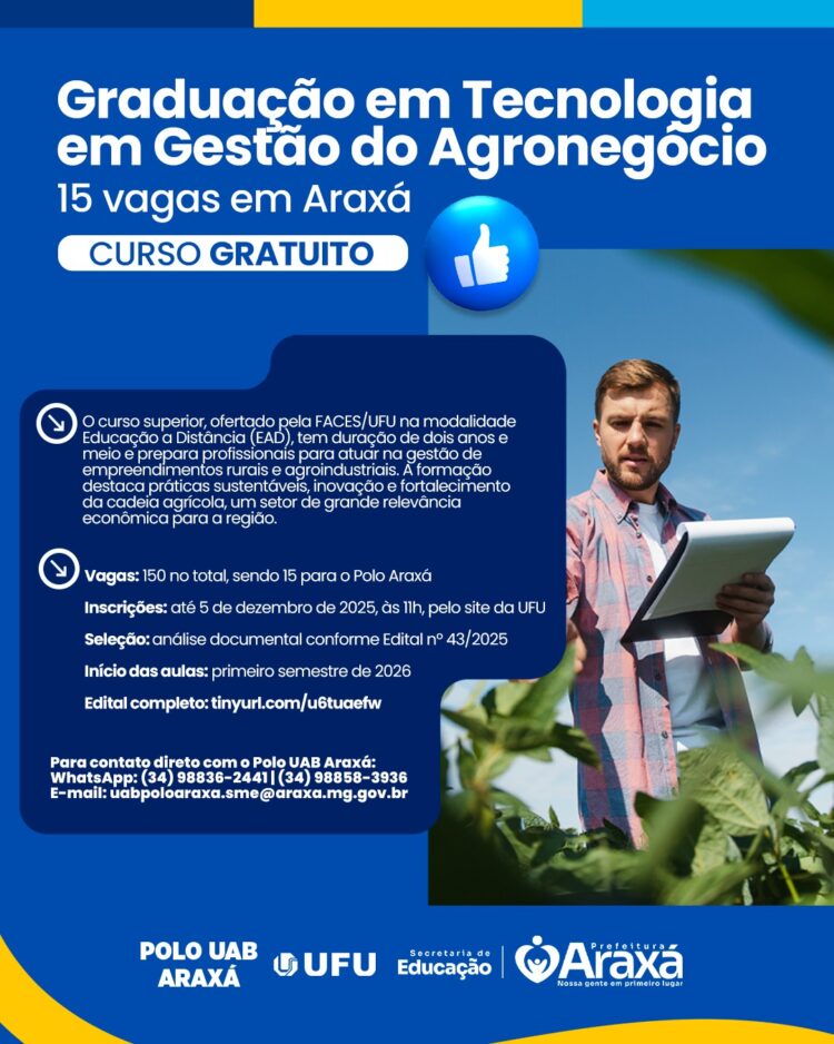 Últimos dias para se inscrever nos cursos gratuitos de graduação em Gestão do Agronegócio e especialização em Educação Financeira; inscrições encerram nesta sexta-feira (5)