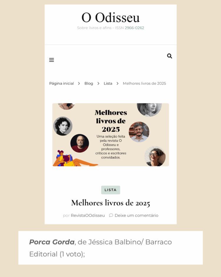 “Porca Gorda”, de Jéssica Balbino, entra na lista dos melhores livros de 2025 da revista O Odisseu