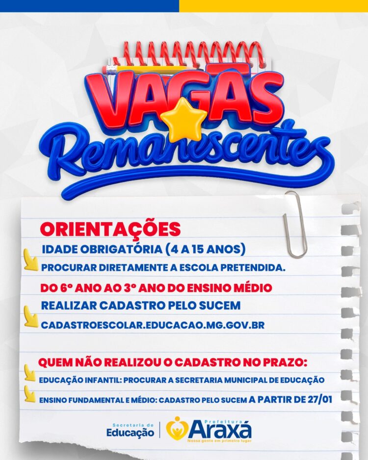 Encaminhamento para vagas remanescentes da rede de ensino começa em 27 de janeiro
