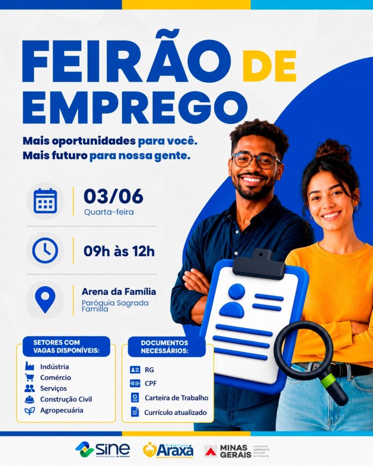 Feirão do Emprego oferece cerca de 600 vagas nesta quarta-feira (03) em Araxá